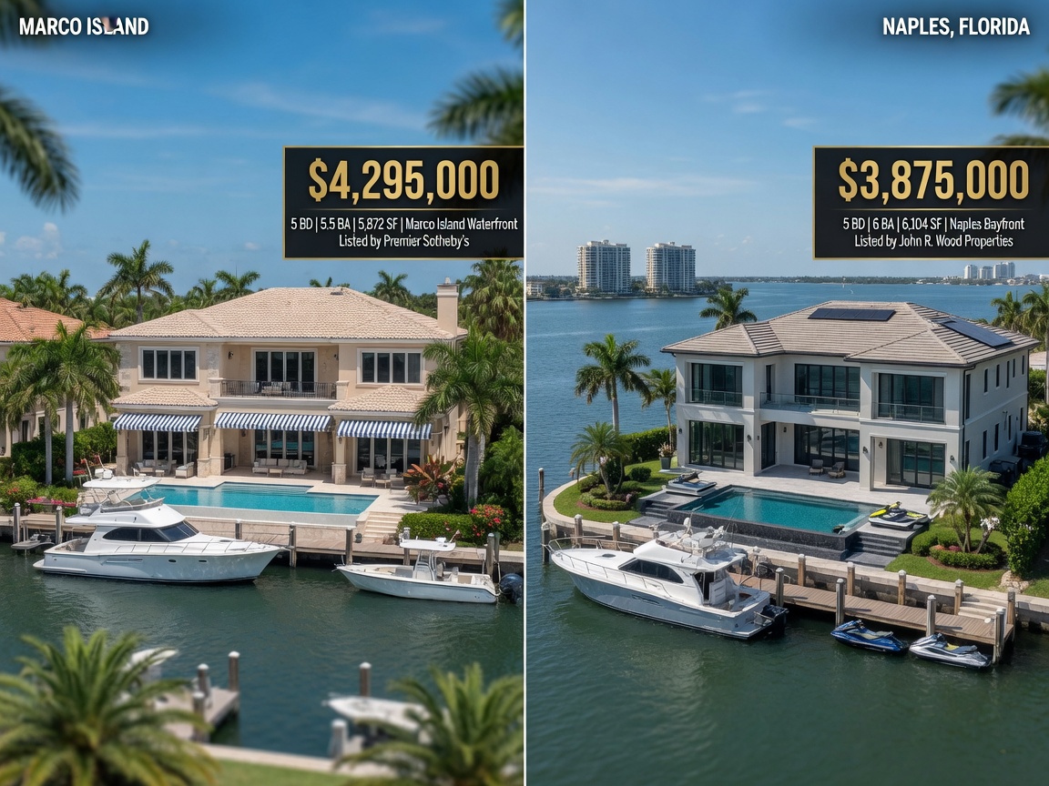 Ultra-realistic 8K side-by-side split image comparison showing luxury waterfront home on Marco Island next to similar property in Naples Florida, both with price tags overlaid, clear blue skies, professional real estate photography style