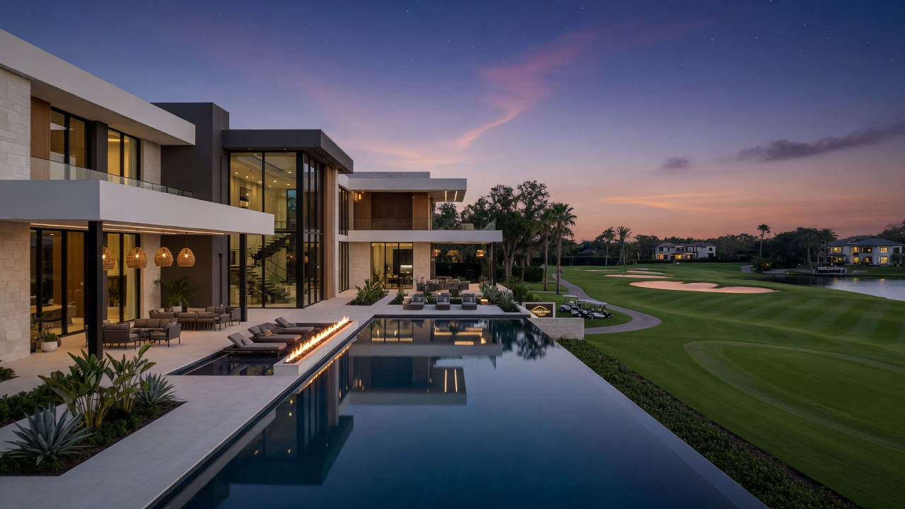 Photorealistic 8K image of a modern luxury estate home with infinity pool overlooking a golf course in Talis Park Naples Florida at twilight