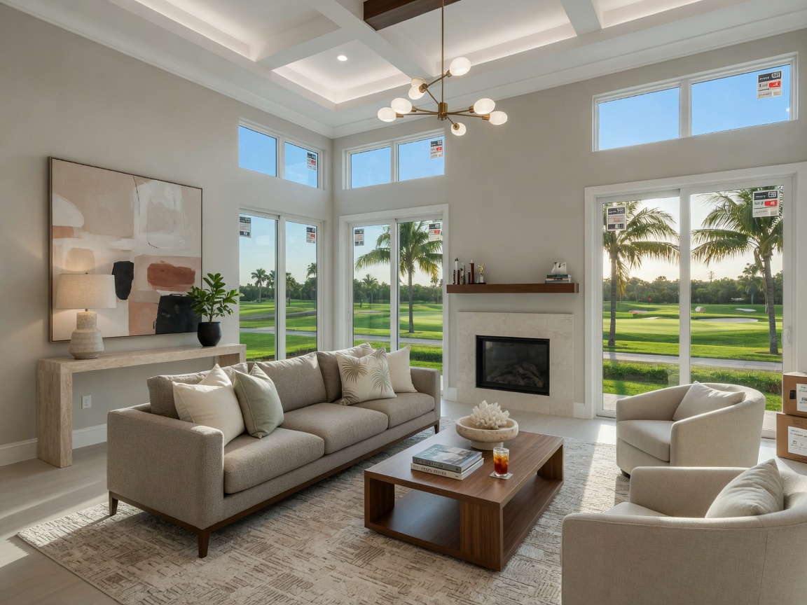 Modern living room inside a new construction home in Bonita Springs Florida, high ceilings, large impact windows overlooking golf course, neutral sophisticated furnishings, natural light flooding in, 8K photorealistic