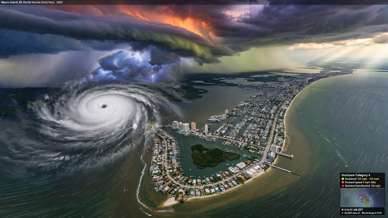 Ultra-realistic 8K aerial shot of Hurricane approaching Southwest Florida coast showing Marco Island and Naples from above with storm clouds, dramatic lighting, scientific visualization style