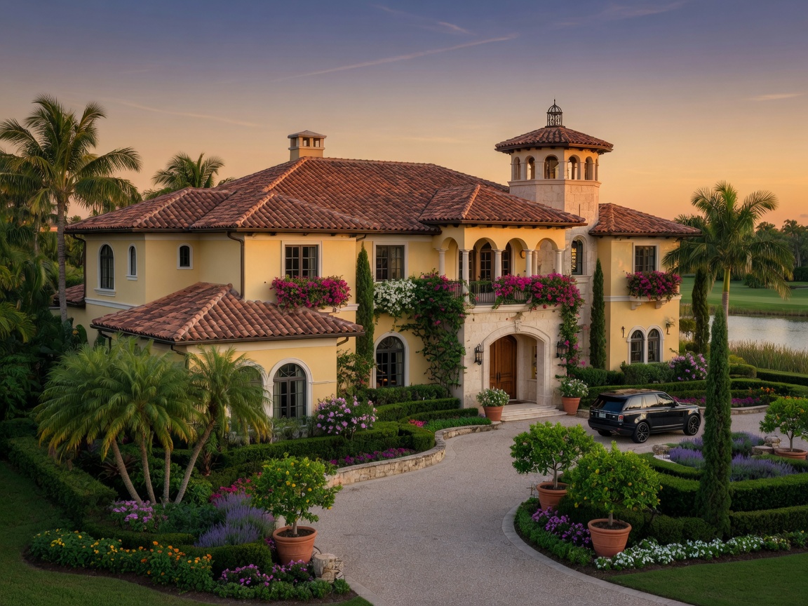 8K realistic photograph of a Mediterranean-style luxury villa with terracotta roof in Mediterra community Naples surrounded by lush landscaping