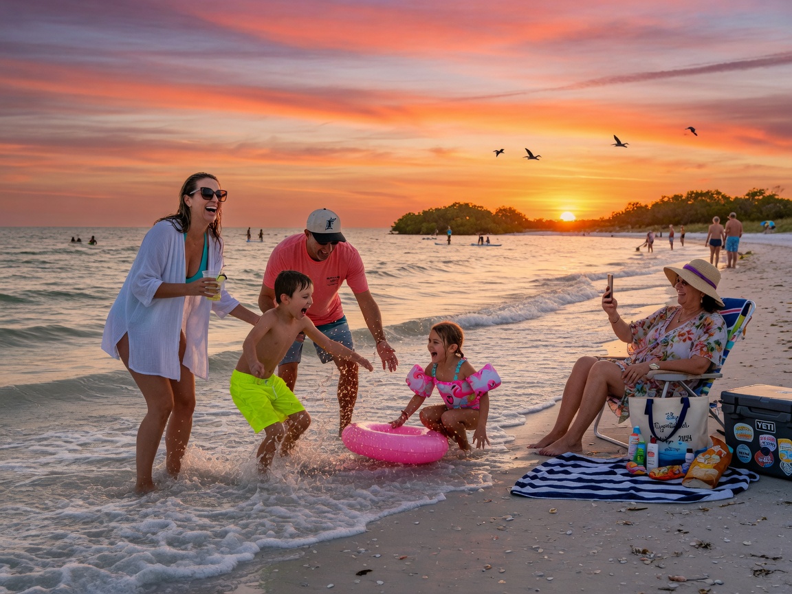 Ultra-realistic 8K image of modern Florida family enjoying sunset at Tigertail Beach on Marco Island, children playing in gentle waves, warm golden light, joyful and relaxed atmosphere