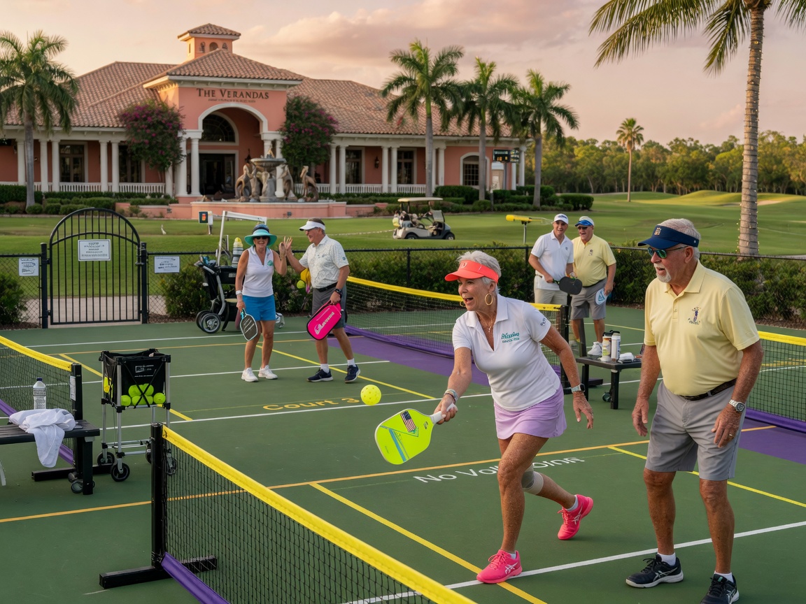 Ultra-realistic 8K image showing pickleball courts with active senior players at a luxury gated golf community clubhouse in Naples Florida