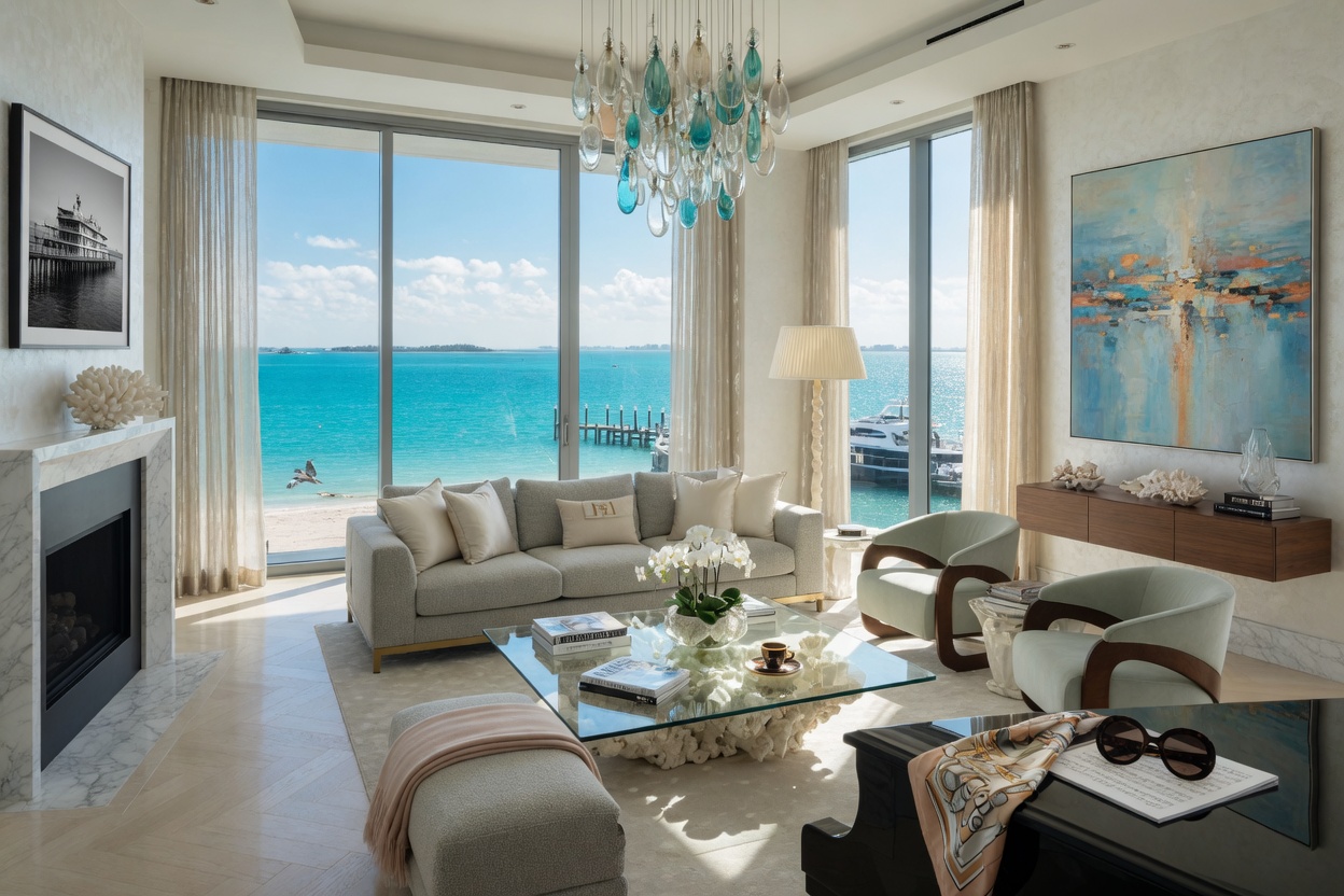 Ultra-realistic 8K interior of luxury Naples waterfront condominium living room with floor-to-ceiling windows overlooking the Gulf of Mexico, elegant modern furnishings, bright natural light