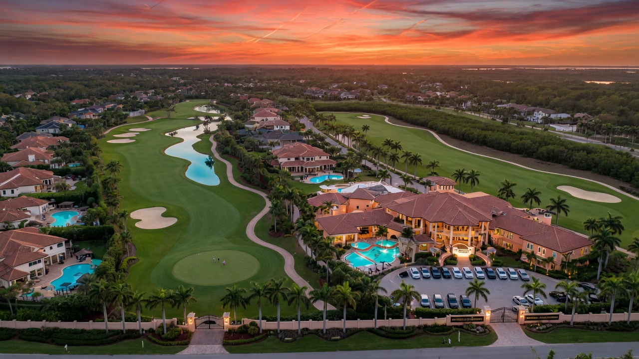 Cinematic 8K aerial view of TwinEagles gated golf community in Naples showing two golf courses, clubhouse and luxury homes at sunset