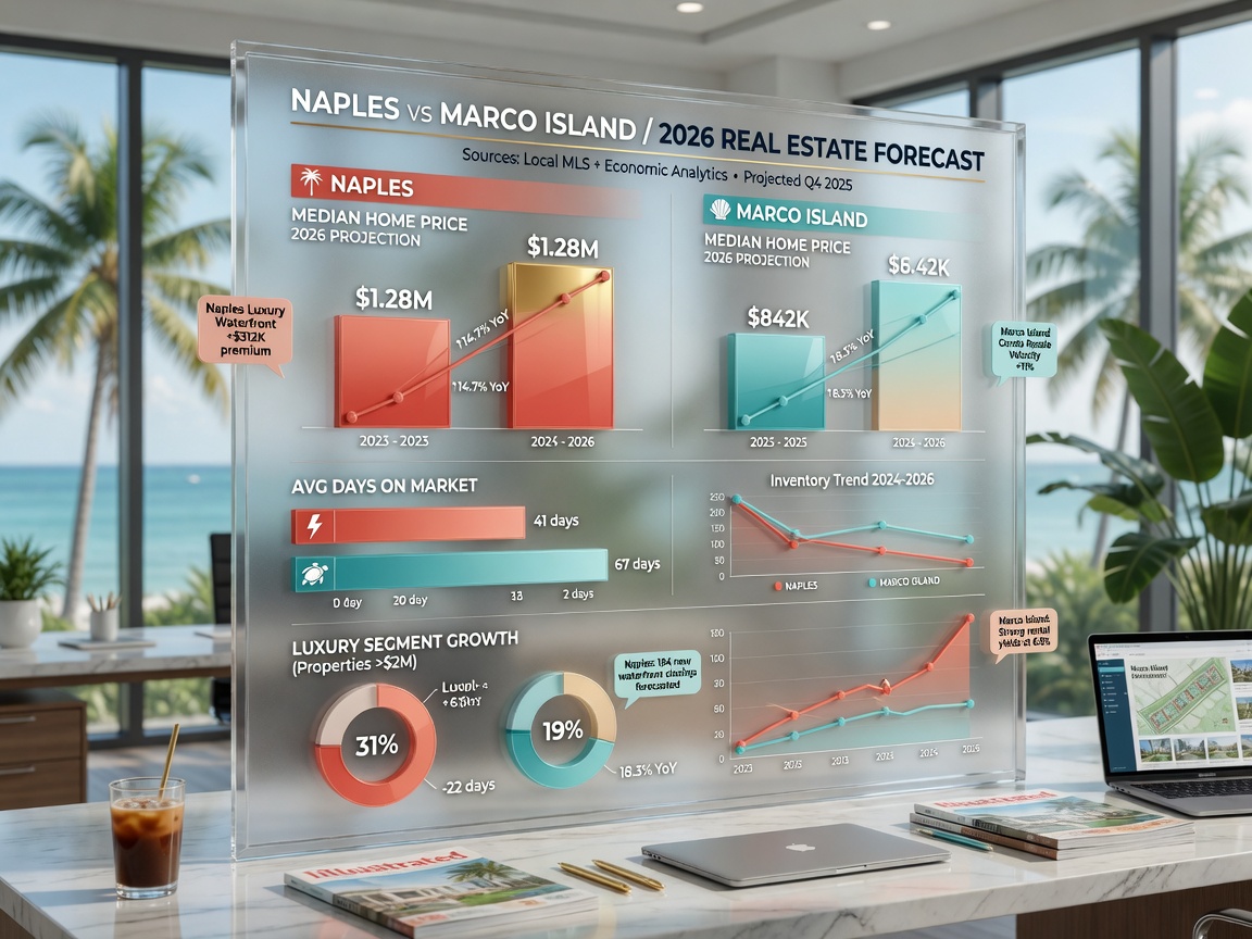 Ultra-realistic 8K comparison chart visualization floating in modern office setting showing Naples vs Marco Island real estate data for 2026 with bar graphs and trend lines, professional financial aesthetic