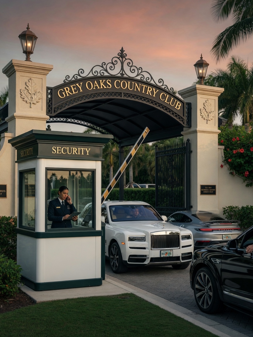 Photorealistic 8K close-up of a guarded gate entrance with security booth at Grey Oaks Country Club Naples Florida with luxury cars entering