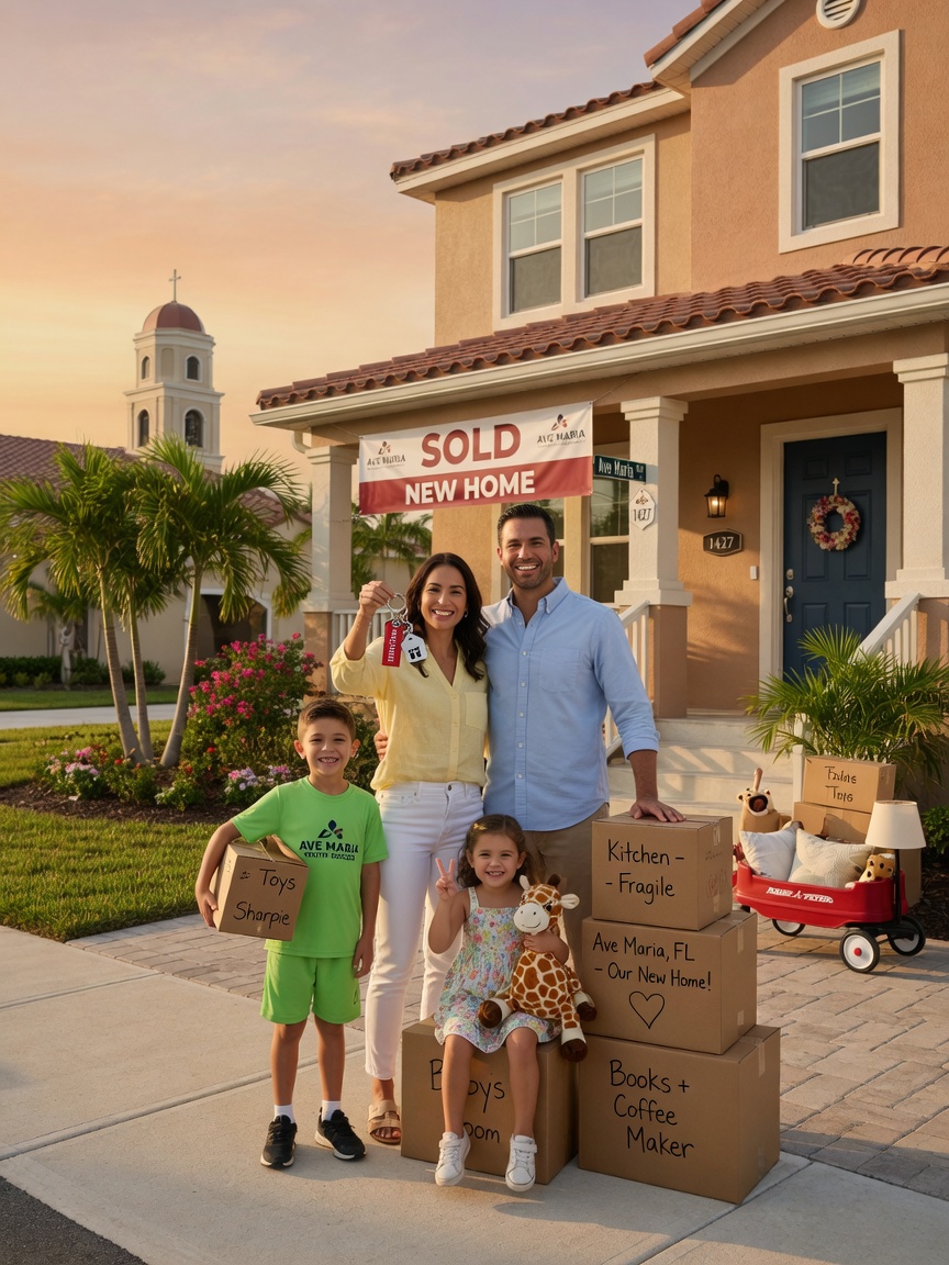 Happy young family standing in front of their newly completed home in Ave Maria Florida holding keys, moving boxes on porch, warm smiles, golden sunlight, ultra-realistic lifestyle photography