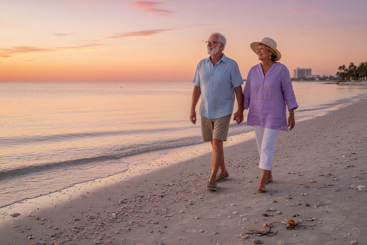 Ultra-realistic 8K photo of retired couple walking along Marco Island beach at sunrise holding hands, calm ocean, seashells on sand, peaceful and content mood