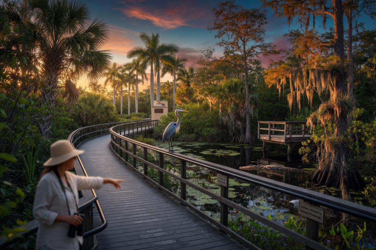 Ultra-detailed 8K image of a nature boardwalk and wildlife preserve area within Collier’s Reserve gated community in Naples Florida