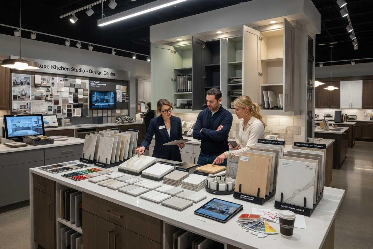 Detailed design center showroom scene with couple selecting kitchen cabinet samples, quartz countertop options displayed, professional designer assisting, bright retail lighting, photorealistic 8K