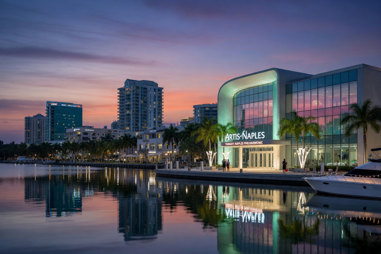 Ultra-realistic 8K image of Naples Florida downtown skyline at twilight with Artis-Naples cultural center illuminated, reflecting in water, sophisticated evening atmosphere