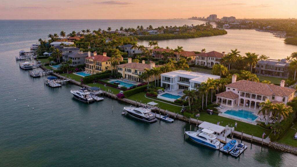 Ultra-realistic 8K aerial photograph of luxurious waterfront estates along Naples Florida coastline at golden hour with visible luxury homes and private docks