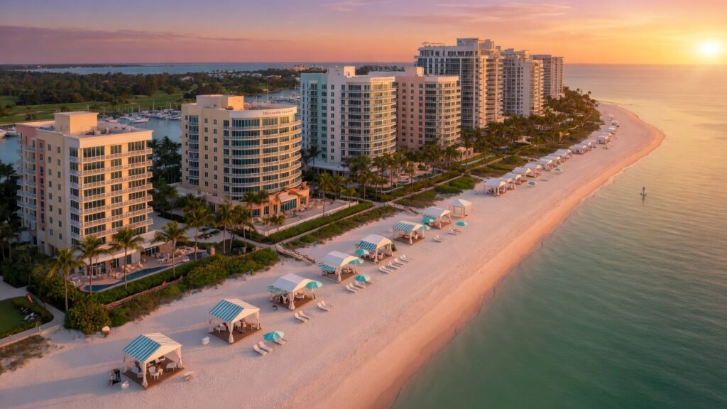 Ultra-realistic 8K aerial photograph of Pelican Bay Naples Florida luxury high-rise condominiums along the pristine Gulf of Mexico beach at golden hour with private beach pavilions visible