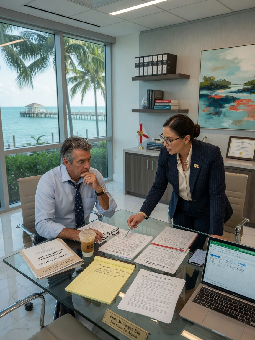Ultra-realistic 8K image of professional real estate attorney discussing tax appeal strategy with client in modern Naples office