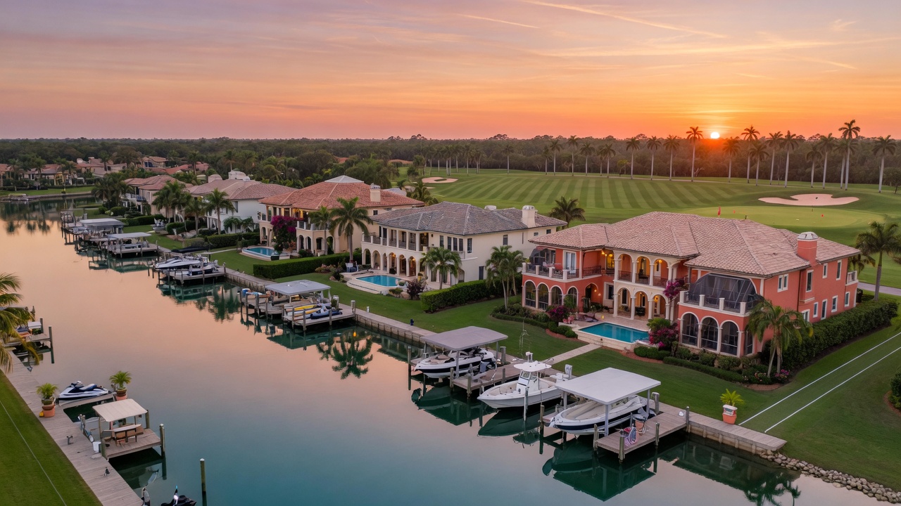 Waterfront estate homes with docks at Lely Resort golf community Naples FL during golden hour