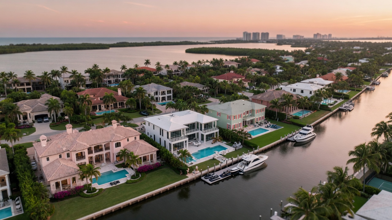 Ultra-realistic 8K aerial shot of Aqualane Shores exclusive waterfront neighborhood in Naples Florida showing high-end estates