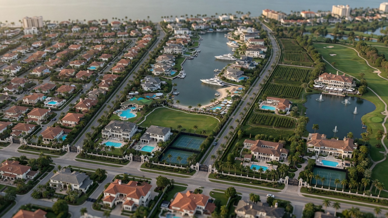 Comparison aerial view showing multiple Naples gated communities side by side highlighting different densities and amenities