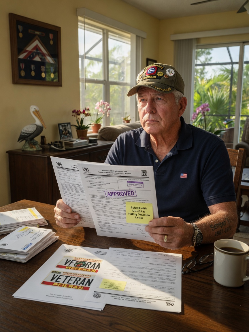 Ultra-realistic 8K photograph of United States military veteran holding VA documents for property tax exemption in Florida home