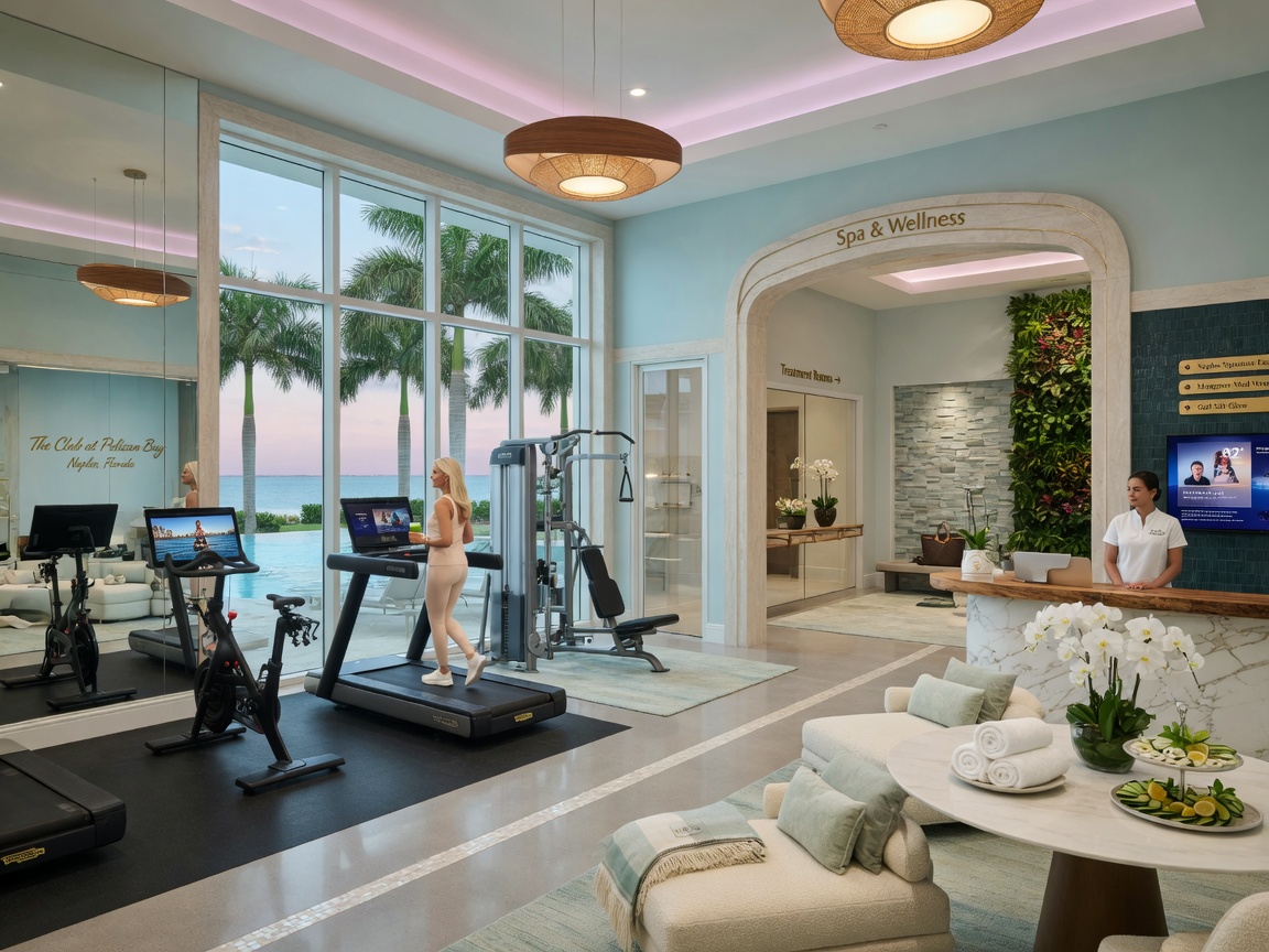 Interior of high-end fitness center and spa inside a Naples Florida luxury community clubhouse realistic 8K