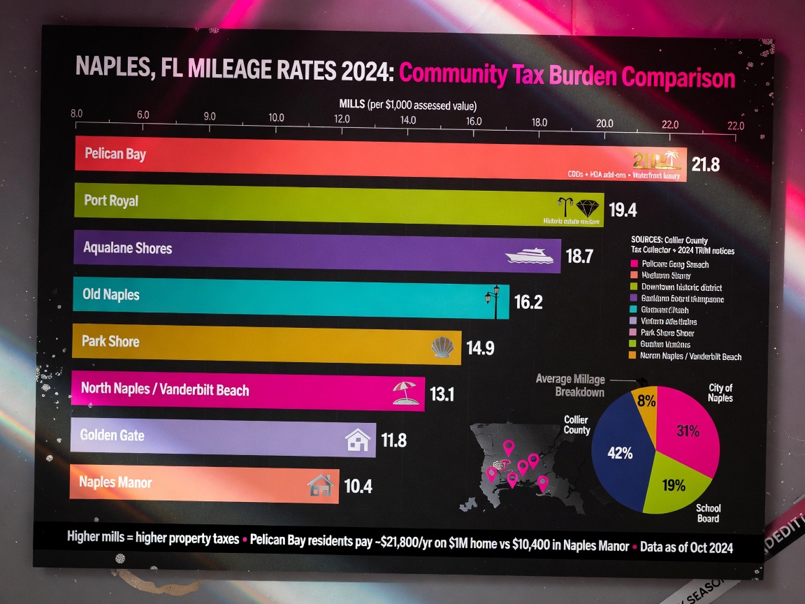 Ultra-realistic 8K image of colorful infographic chart comparing millage rates across different Naples FL communities