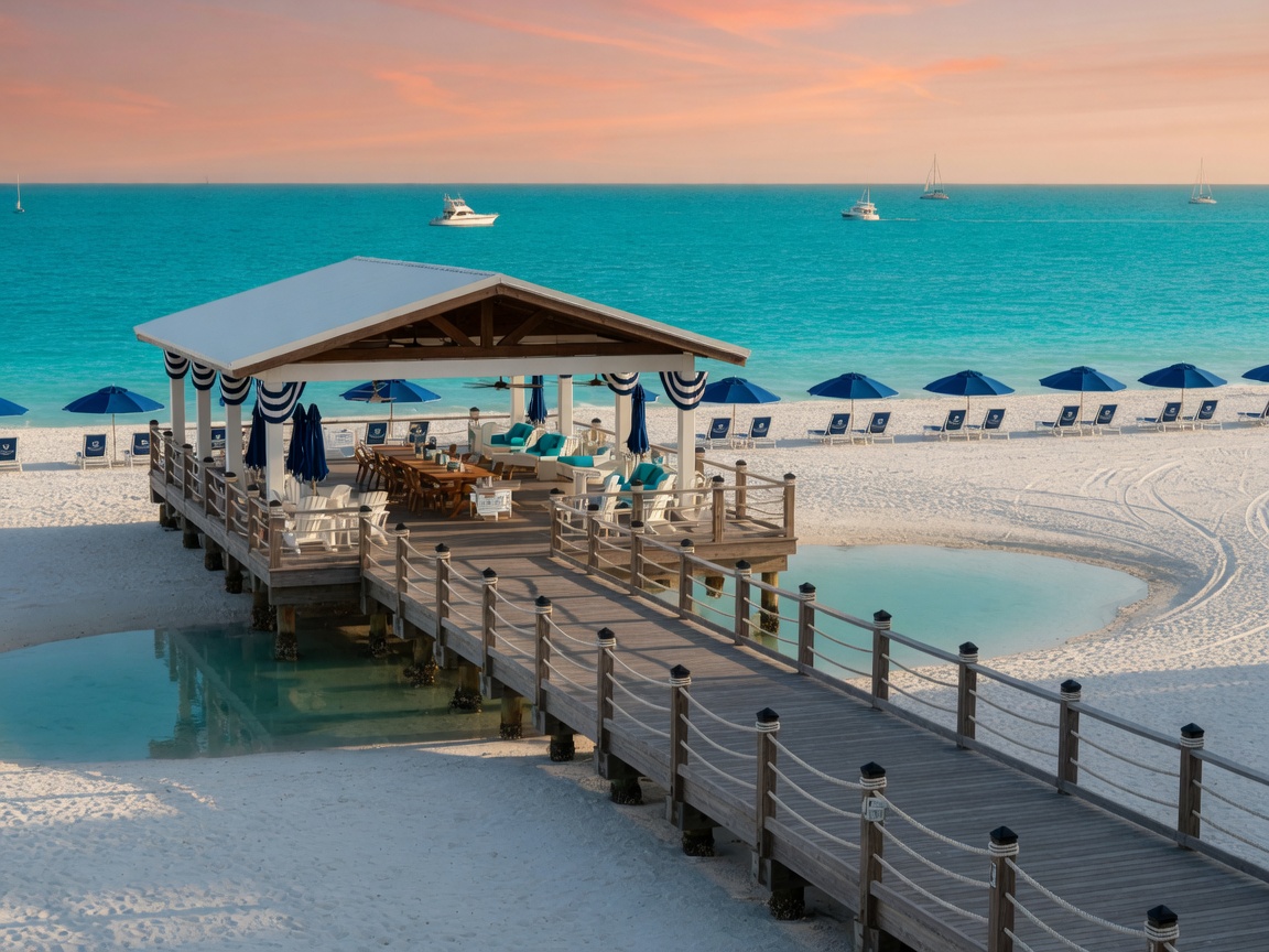 Private beach pavilion and boardwalk at Pelican Bay Naples with turquoise water and white sand