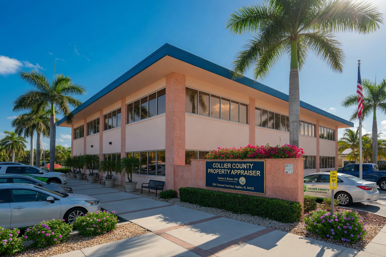 Ultra-realistic 8K exterior of Collier County Property Appraiser office building in Naples Florida on sunny day