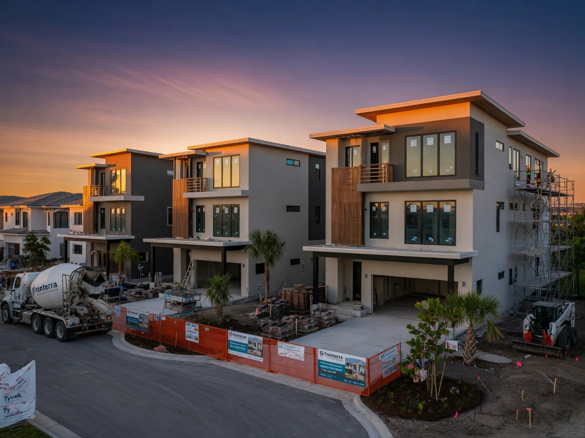 New construction homes under development at Fronterra Naples community with modern architectural details