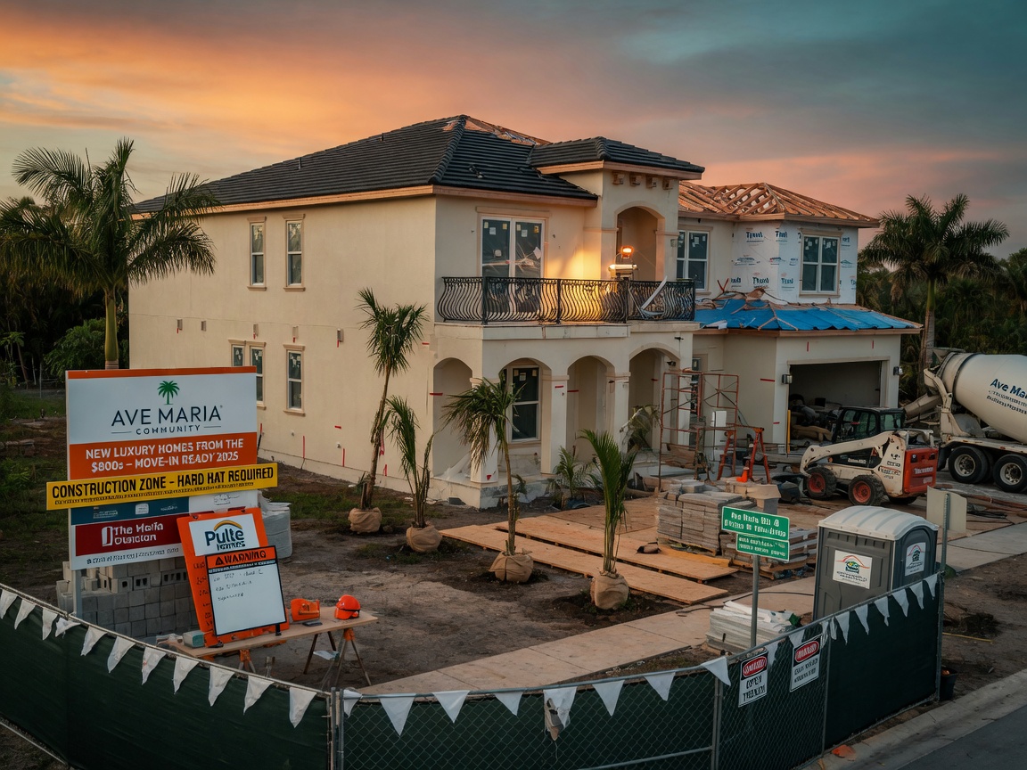 Ultra-realistic 8K view of new luxury construction home in Ave Maria Florida community with construction signs visible