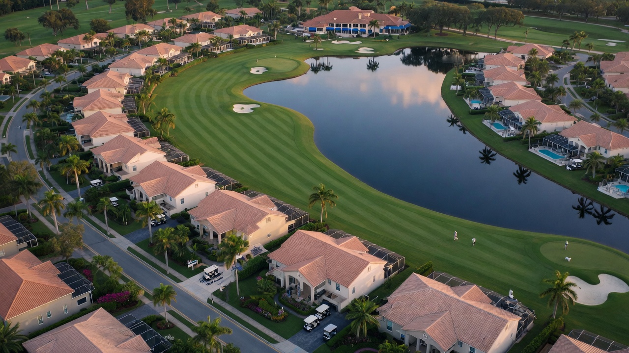 Aerial shot of Falling Waters Naples 55+ golf community with lake views and single story homes