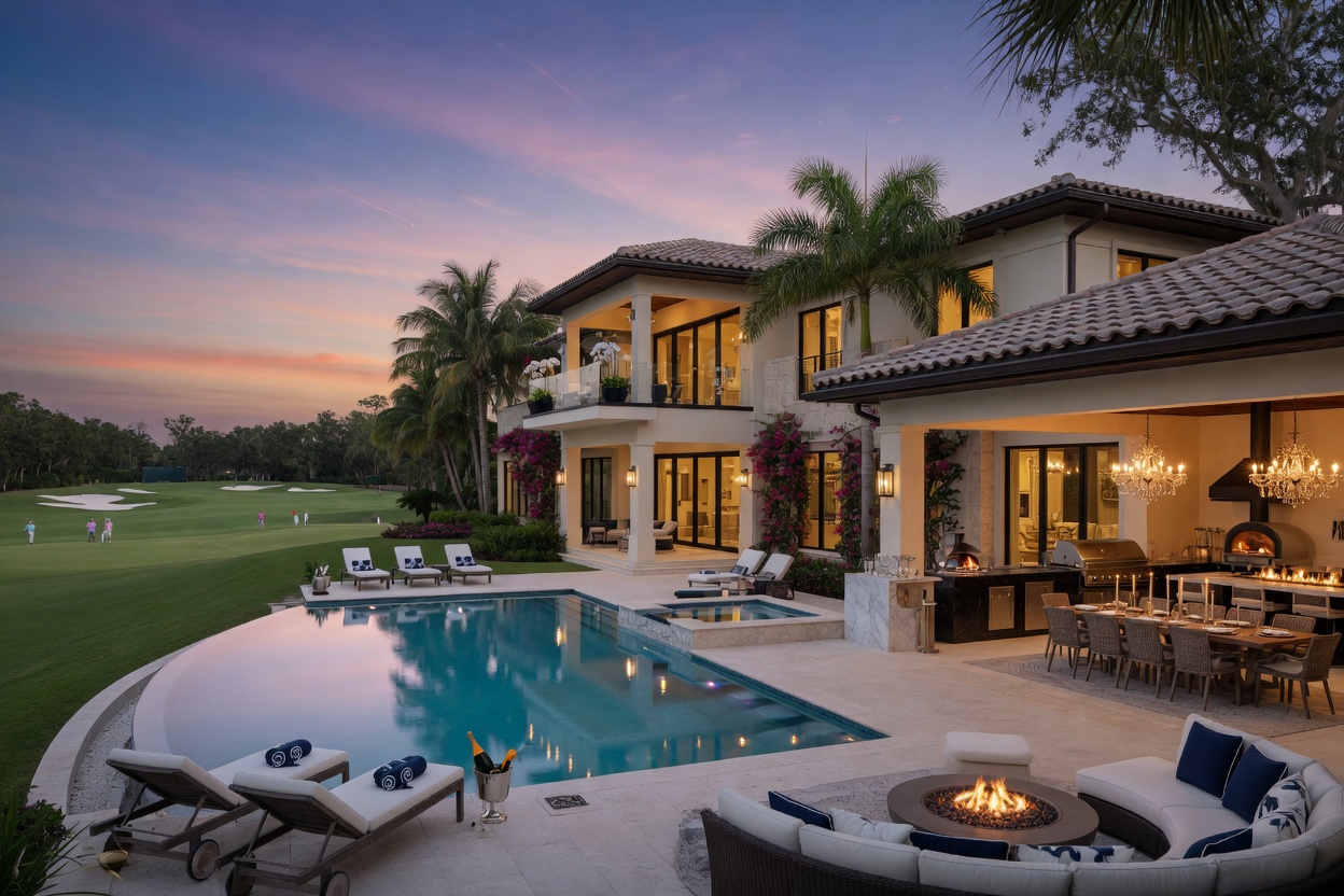 Luxury custom estate home with outdoor entertainment area at Grey Oaks Country Club Naples Florida