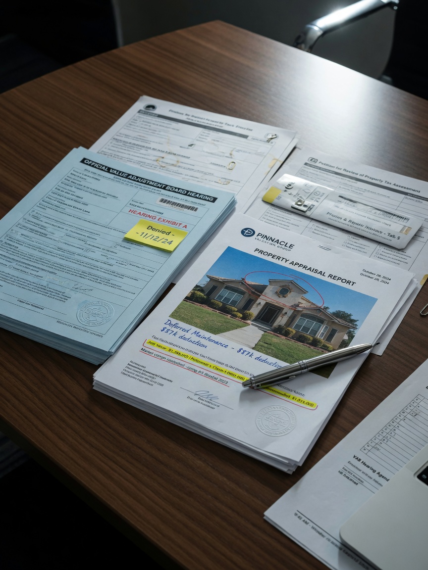 Ultra-realistic 8K close-up of official Value Adjustment Board hearing documents and property appraisal reports on conference table