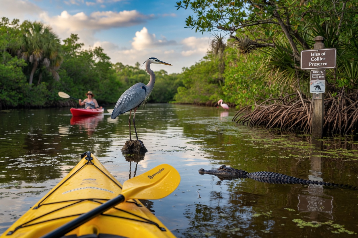 Kayaking on preserve waters at Isles of Collier Preserve gated community Naples FL with wildlife visible