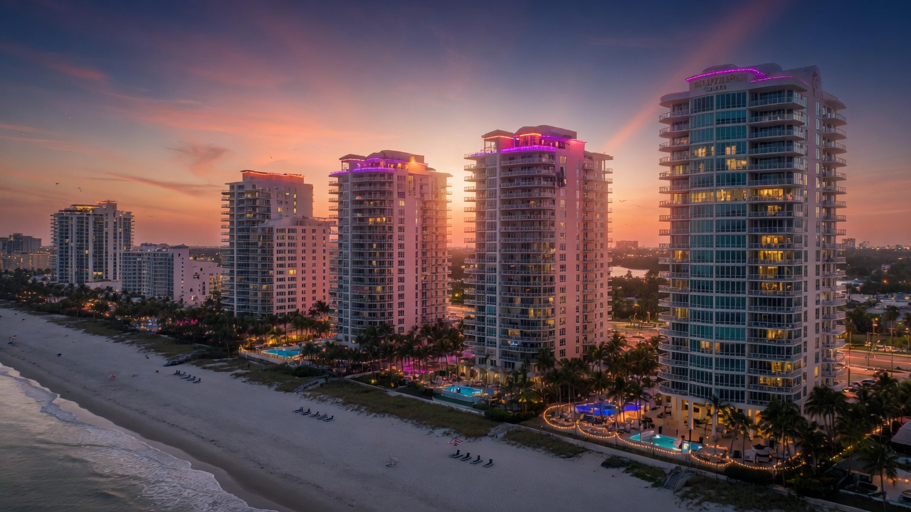 Ultra-realistic 8K panoramic view of Naples Florida skyline at dusk showing luxury high-rise condominiums along the beach
