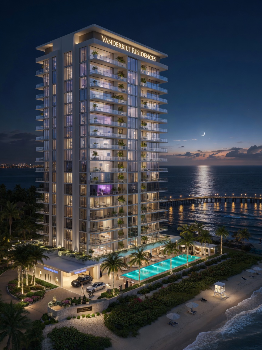 Night view of illuminated luxury high-rise condominium in Vanderbilt Beach area of Naples Florida with ocean backdrop