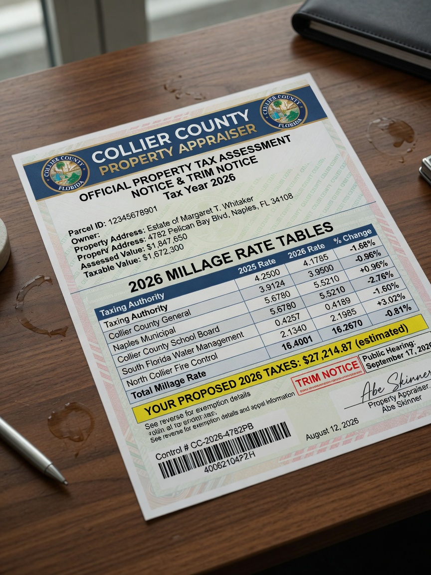Ultra-realistic 8K close-up of official Collier County Florida property tax assessment document with 2026 millage rate tables on wooden desk
