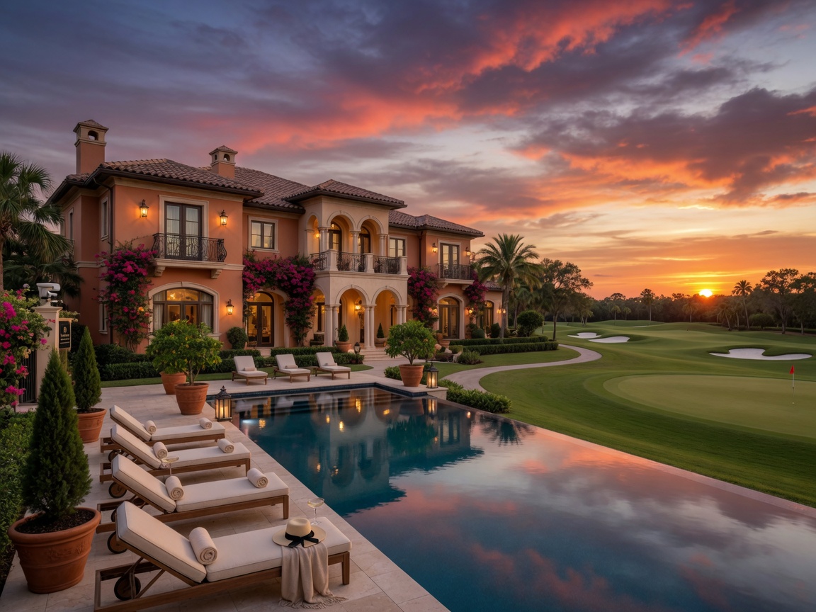 Luxurious Mediterranean estate home with infinity pool overlooking golf course at Mediterra gated community Naples FL during sunset with dramatic sky