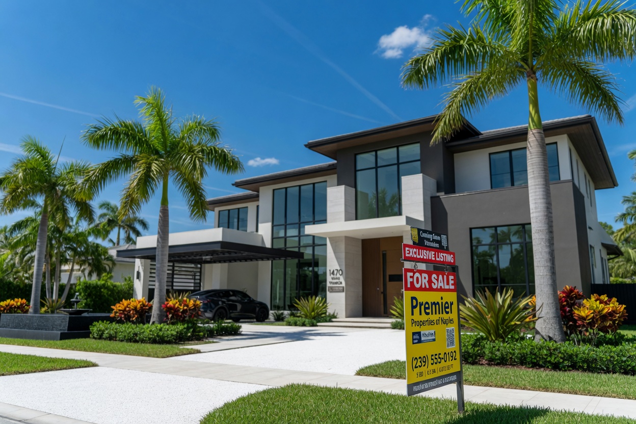 Ultra-realistic 8K image of modern Naples Florida luxury home exterior with For Sale sign and palm trees under bright blue sky