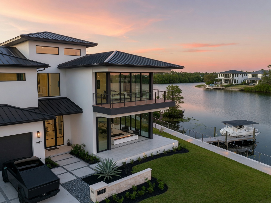 Modern new construction single family home with lakefront view in Isles of Collier Preserve community Naples Florida 2026 contemporary architecture