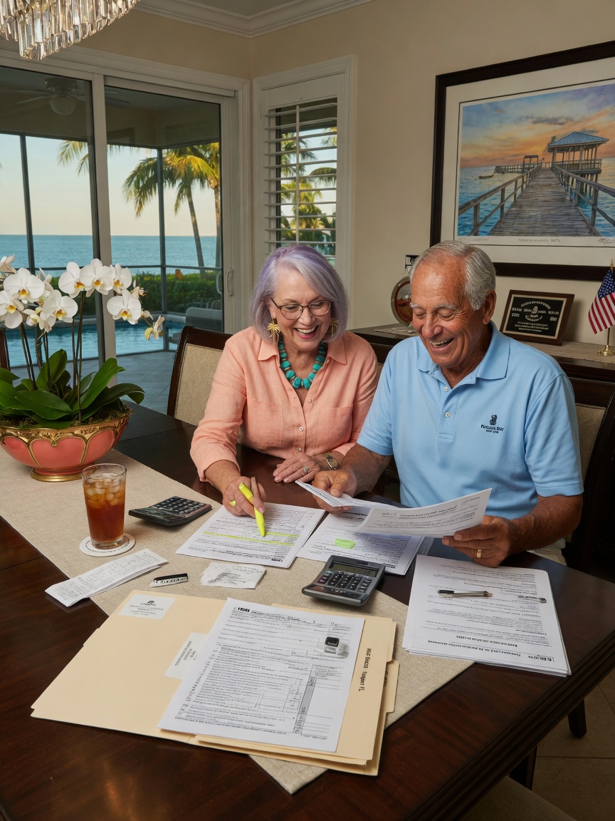 Ultra-realistic 8K portrait of smiling senior couple reviewing tax documents at dining table inside upscale Naples Florida home