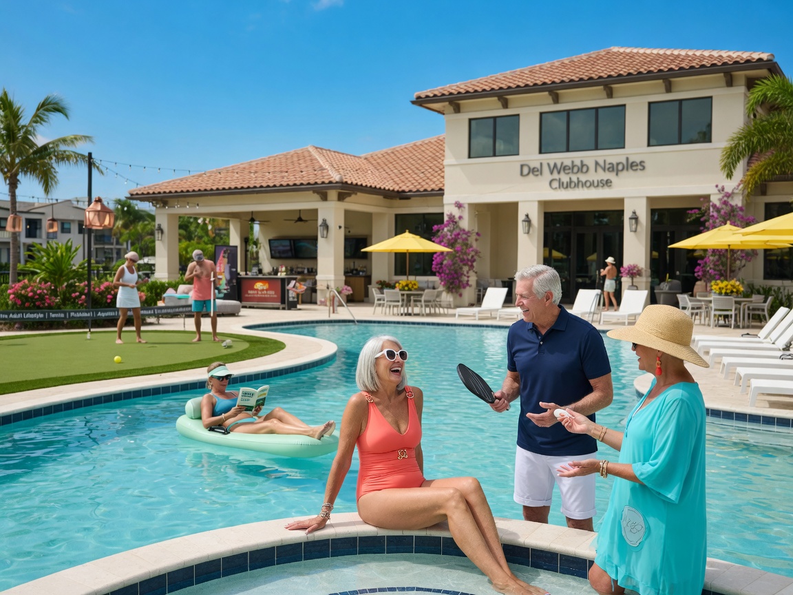 Resort-style clubhouse and swimming pool complex at Del Webb Naples 55 and over community with active adults enjoying outdoor activities