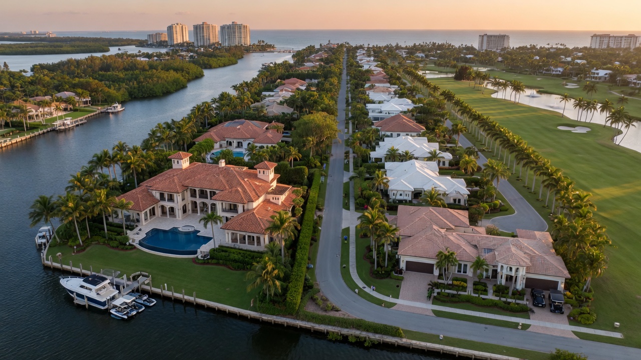 Ultra-realistic 8K aerial view comparing waterfront mansion and golf course community homes in Pelican Bay Naples Florida side by side