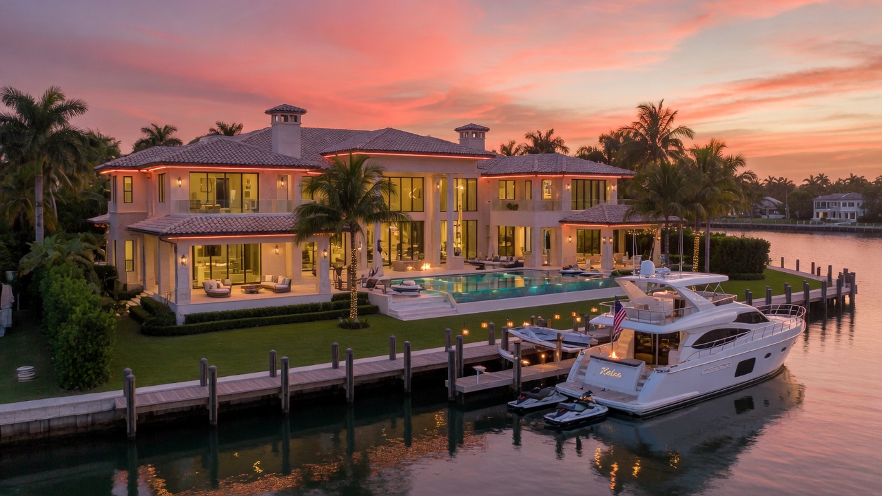 Exclusive Kalea Bay ultra luxury waterfront estate with private dock and yacht at sunset in Naples Florida