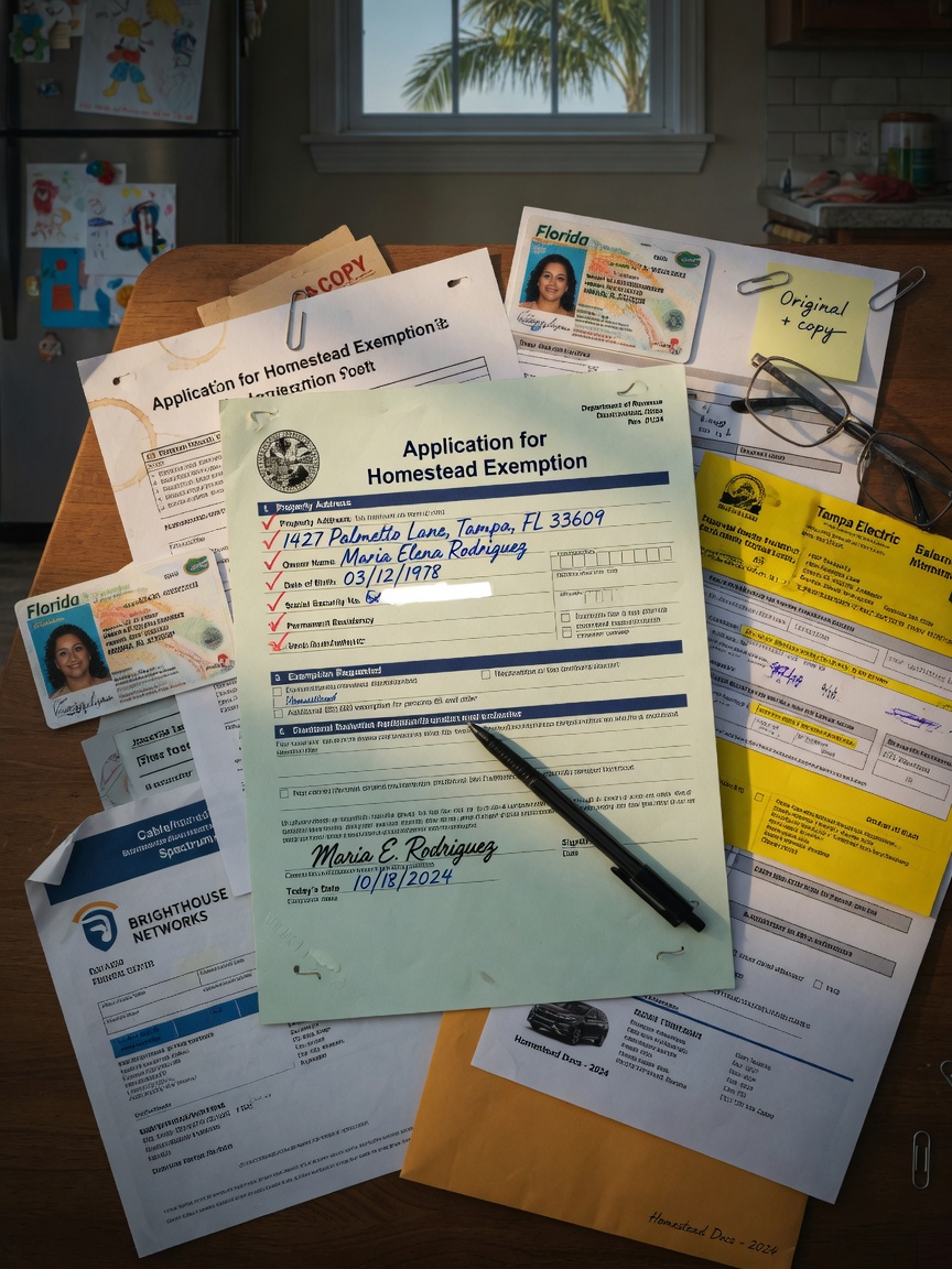 Ultra-realistic 8K photograph of Florida homestead exemption application form being filled out with supporting documents like driver license and utility bills