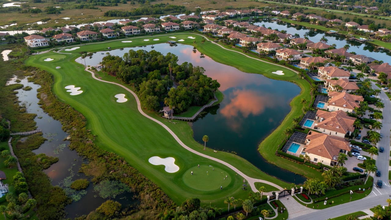 Aerial view of Quail West golf course and luxury homes in gated community Naples FL with preserve views