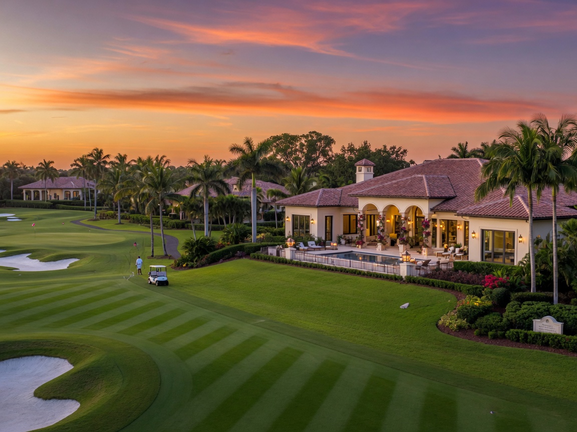 Ultra-realistic 8K image of elegant Naples Florida golf course community luxury villa with perfectly manicured fairways at sunset