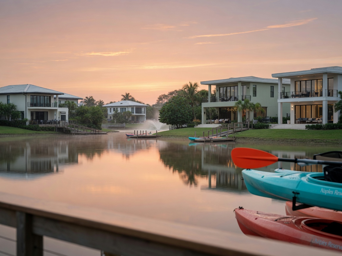 Tranquil lakefront living at Naples Reserve master planned community with kayaks and modern homes at sunrise