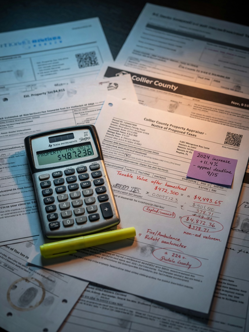 Ultra-realistic 8K close-up of calculator and financial documents showing property tax calculations for Collier County homes