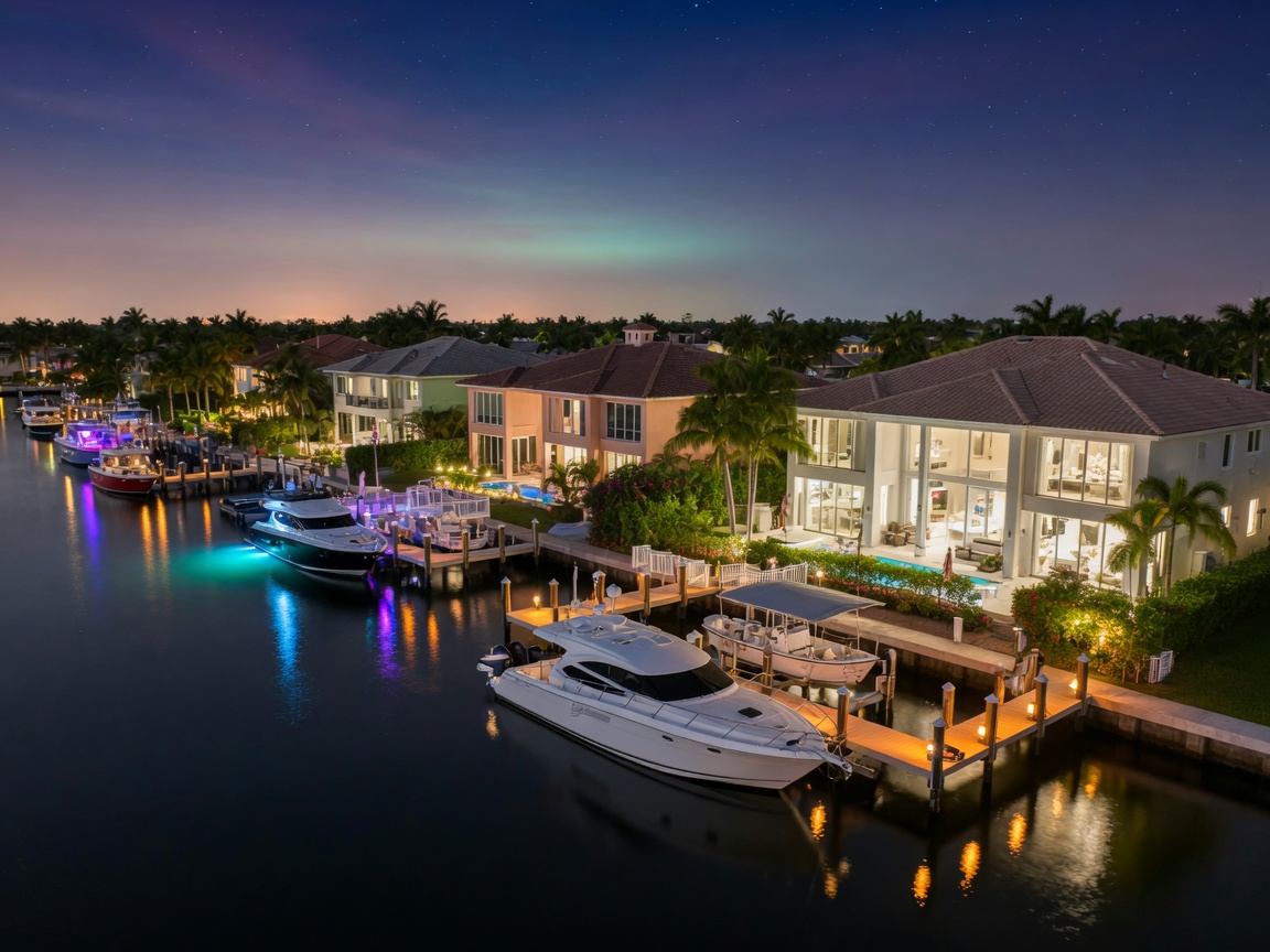 Ultra-realistic 8K night view of Marco Island Florida luxury waterfront homes with illuminated docks and boats