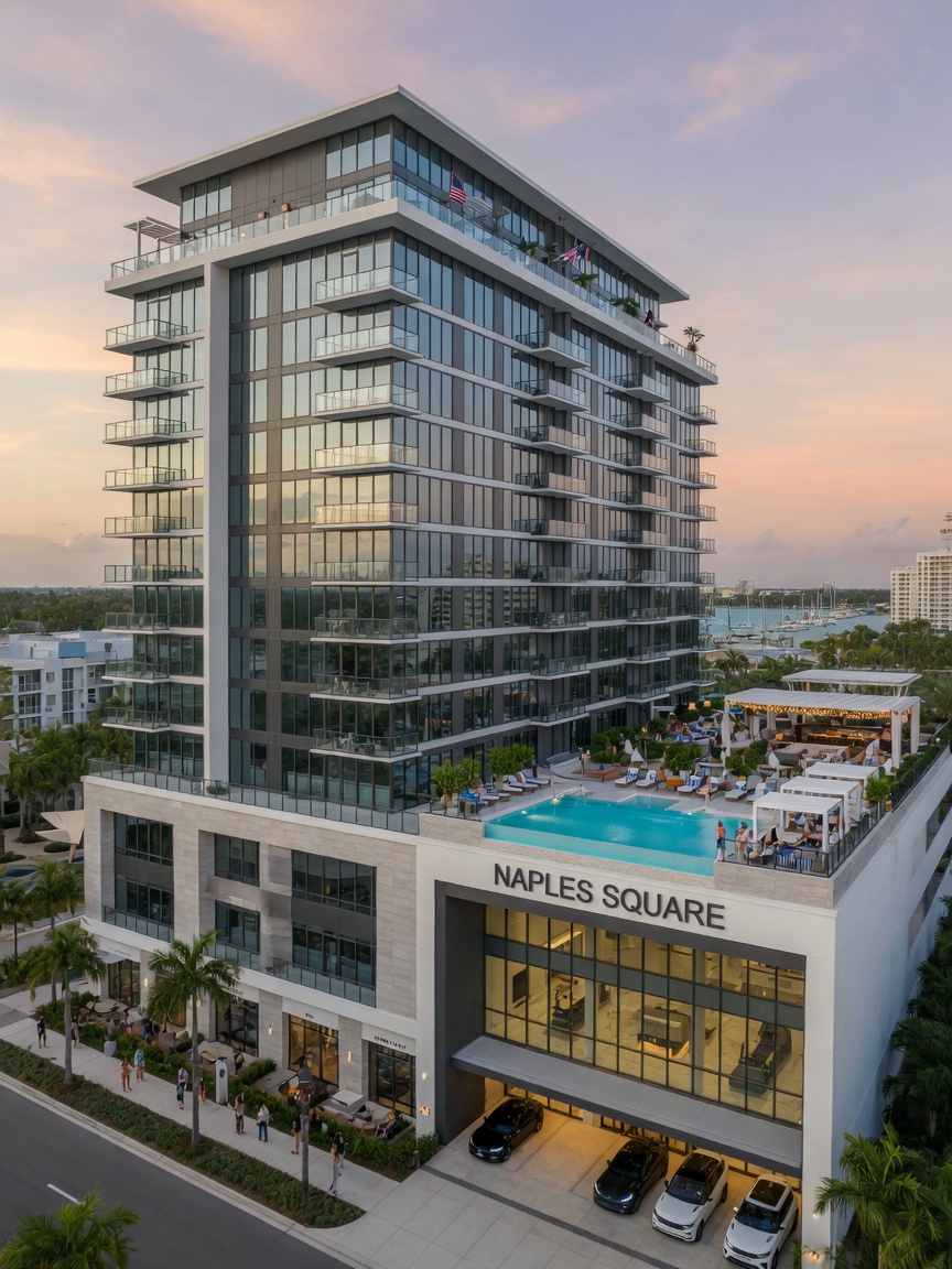 Modern luxury condominium building in Naples Square urban lifestyle community downtown Naples with rooftop pool